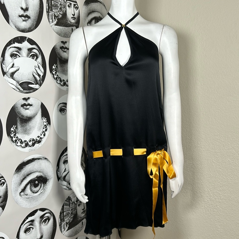 Y2k Vintage Black Silky Stretch Halter Neck Ribbon Drop Waist Dress Sz M